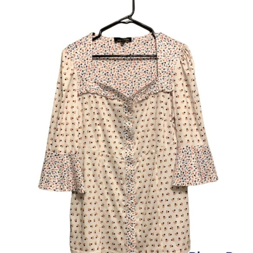 SUZANNE BETRO 3/4 sleeve micro floral pattern cream orange blue tunic sz large